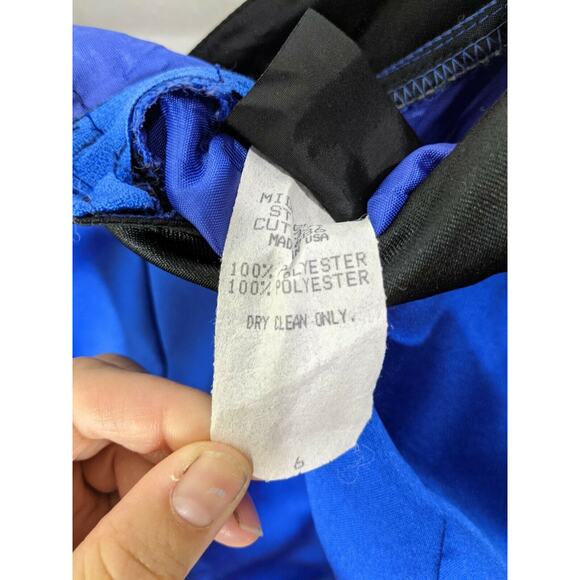 Vintage 80s Midnight Glo Dress Sz 6 Blue Black Hi-Puff Sleeve Party Cinch Waist - Picture 7 of 7